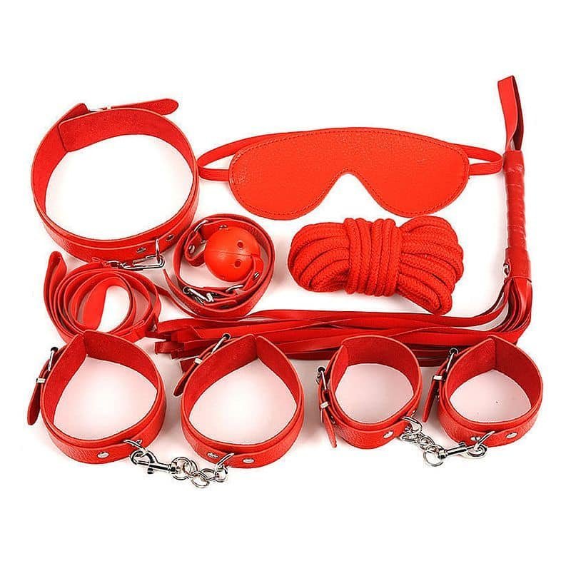 Cinta Liga de Couro - Kit Cinta Liga de Perna, cinta liga cintura e algema com corrente - Vermelho