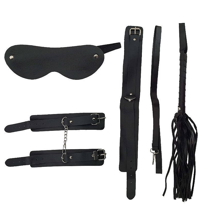 kit de Algema, Tornozeleira com Corrente, Coleira com Estirante e Guia - Preto