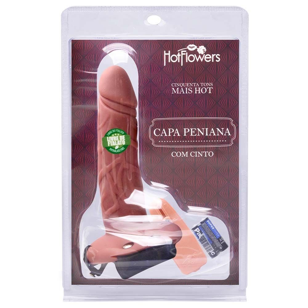 Capa Peniana Extensora 18 X 4,5cm Cinto E Vibrador Hot Flowers