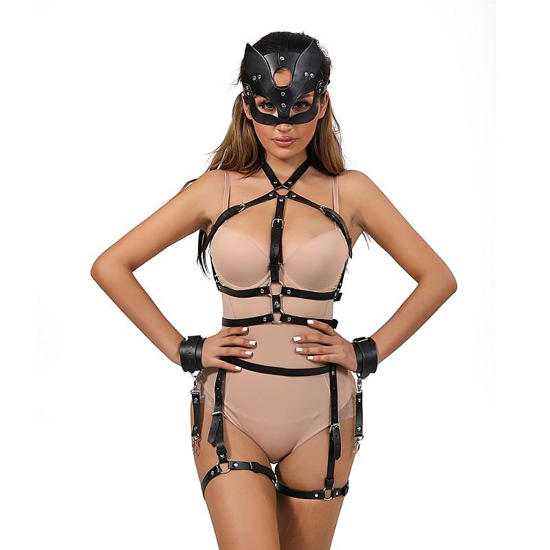 Conjunto Harness Corporal com Cinta Liga, Algemas e Máscara