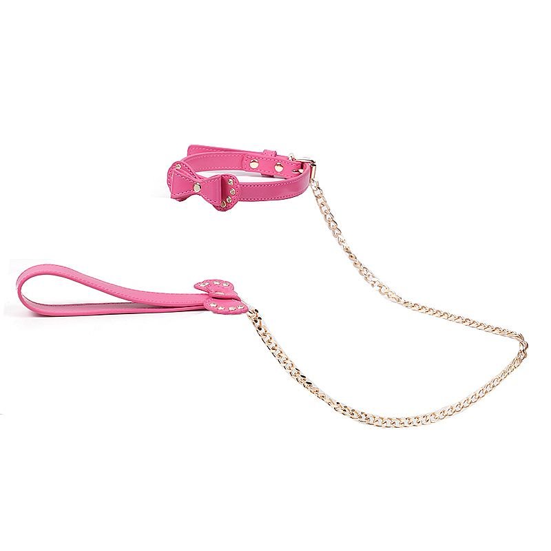 Fetich bondage - Coleira Rosa com Guia de corrente Luxo
