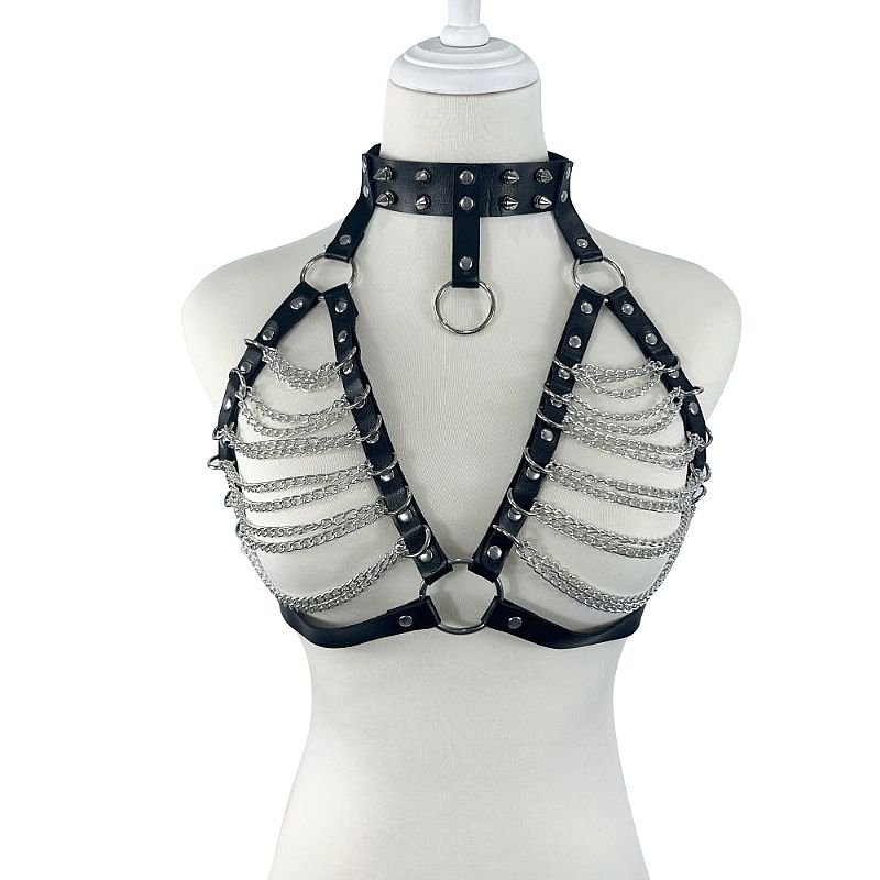 Harness com Contorno de Busto em Couro com Correntes