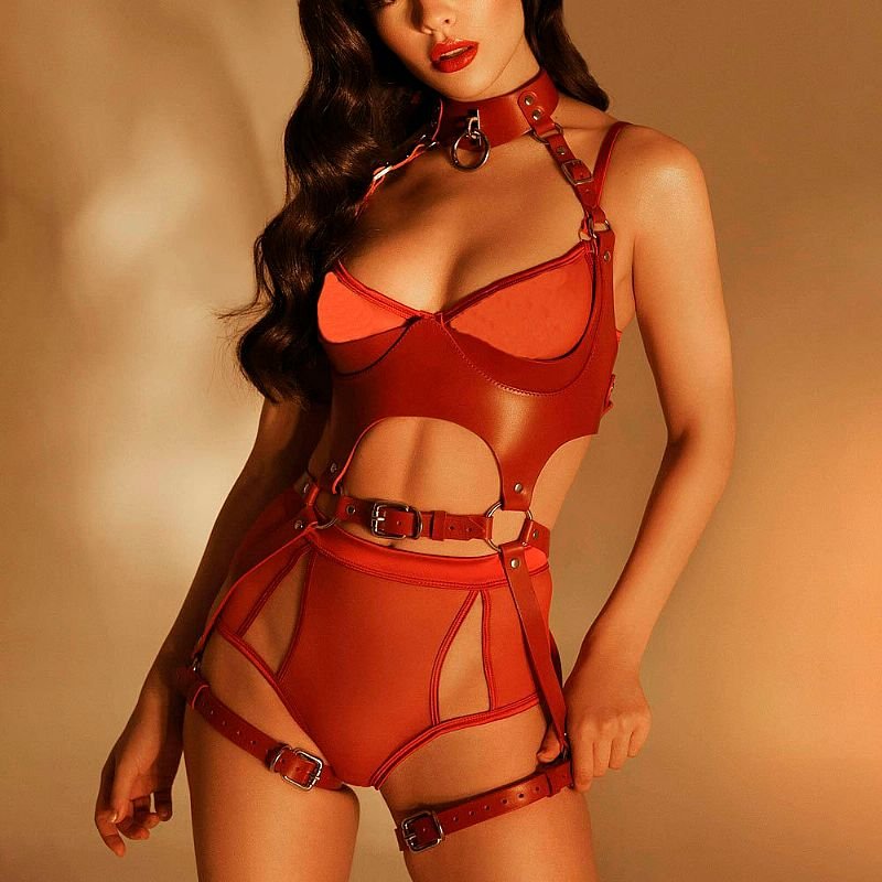 Harness Corporal em Couro com Cinta Liga 3 - Preto