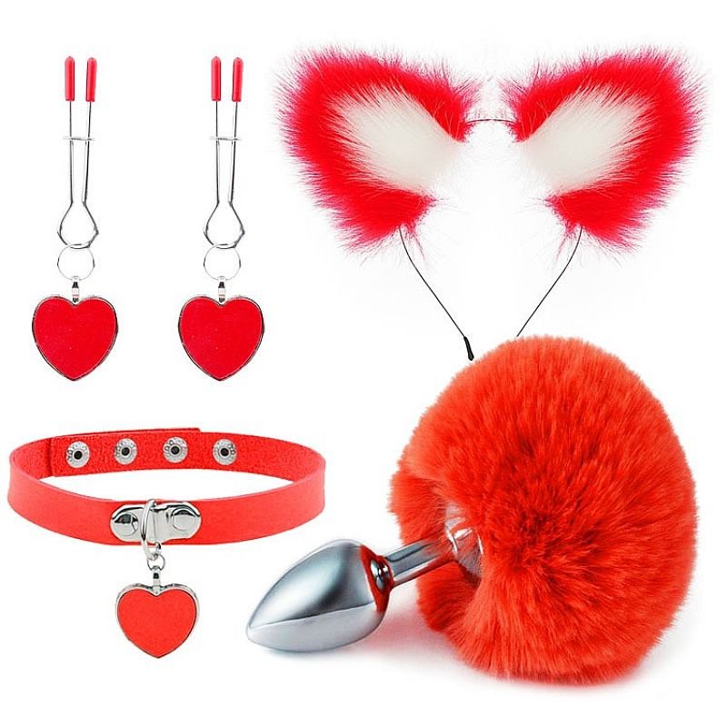 Kit - Rabo de Coelho com Tiara de Orelhas - Grampos para os seios em Metal e Gargantilha