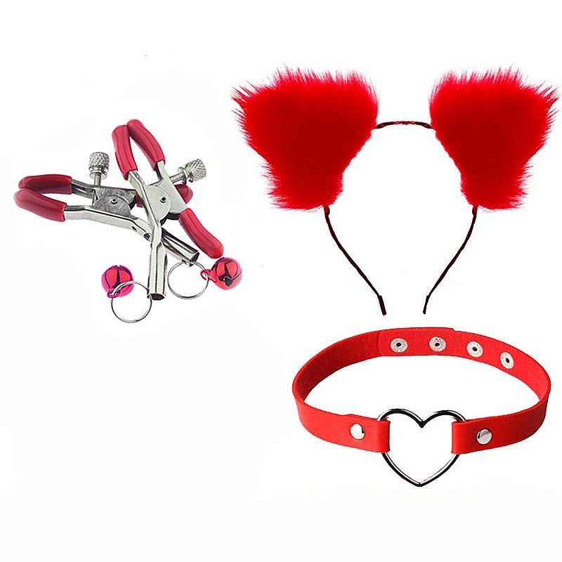 Kit - Rabo de coelho com Tiara de Orelhas - Grampos para os seios em Metal e Gargantilha