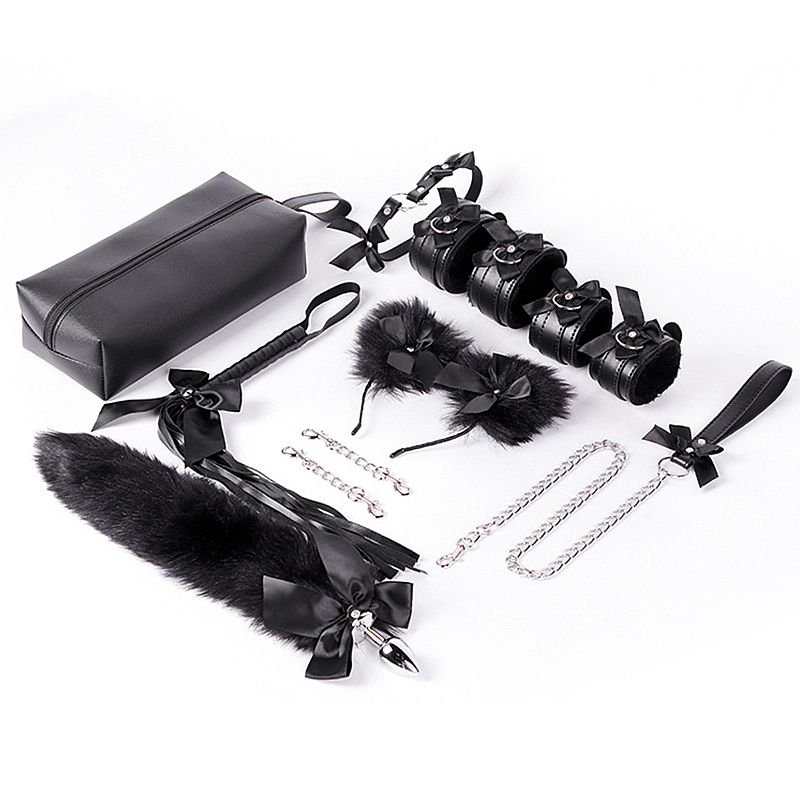 kit Sado com Estojo - Algema, Tornozeleira com Corrente, Chicote / Rabo de raposa