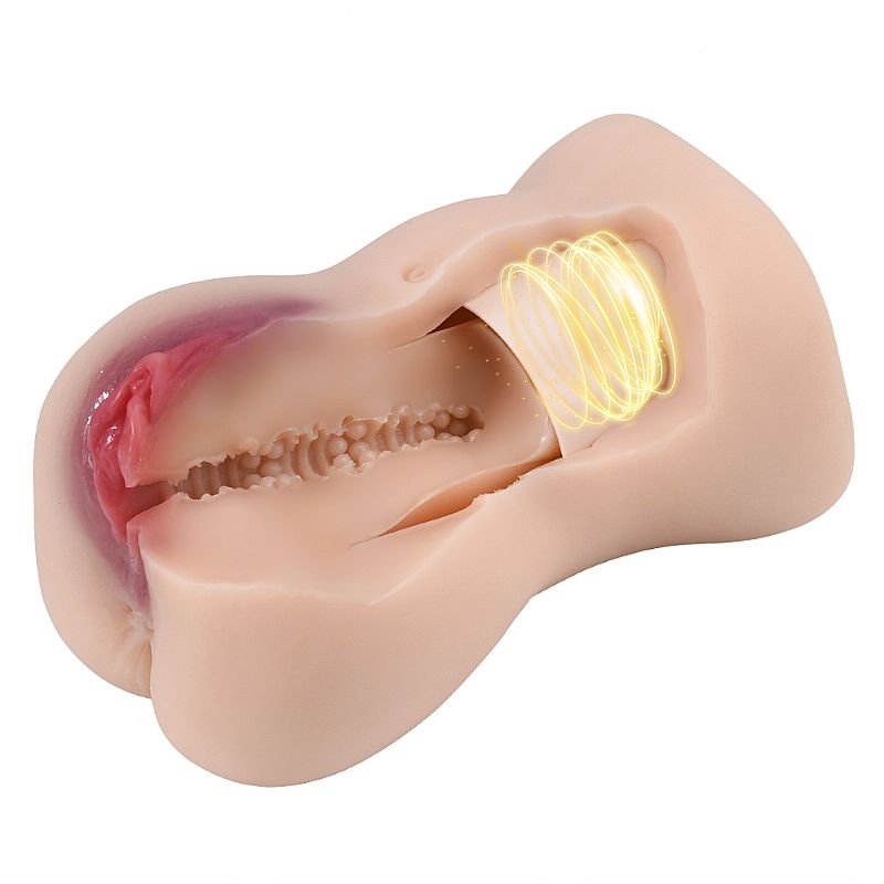 Masturbador Masculino Pequeno - Formato de Vagina com Vibração e Pulsação / Função de Voz com 4 Idioma - 18,0 x 12,0 cm - Bege
