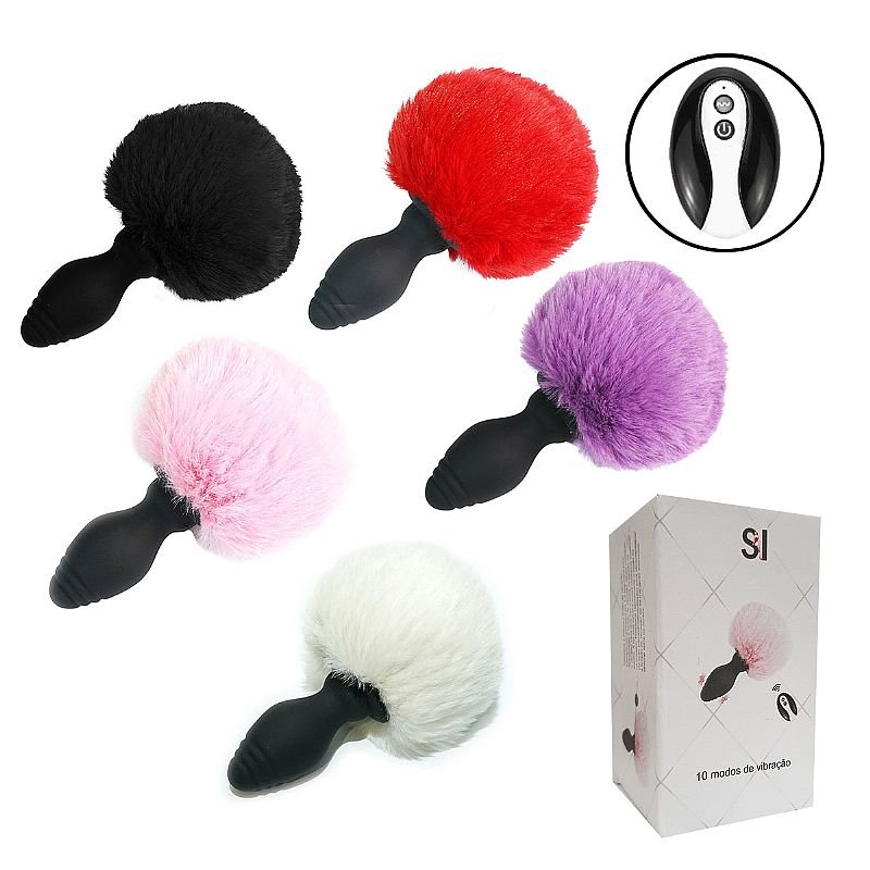 Plug Anal em Silicone - Pompom de Coelho com Vibro e Controle Remoto - Tamanho - M - Branco