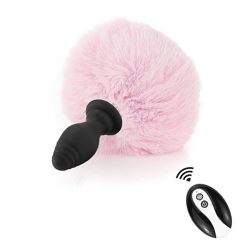 Plug Anal em Silicone - Pompom de Coelho com Vibro e Controle Remoto - Tamanho - M - Rosa