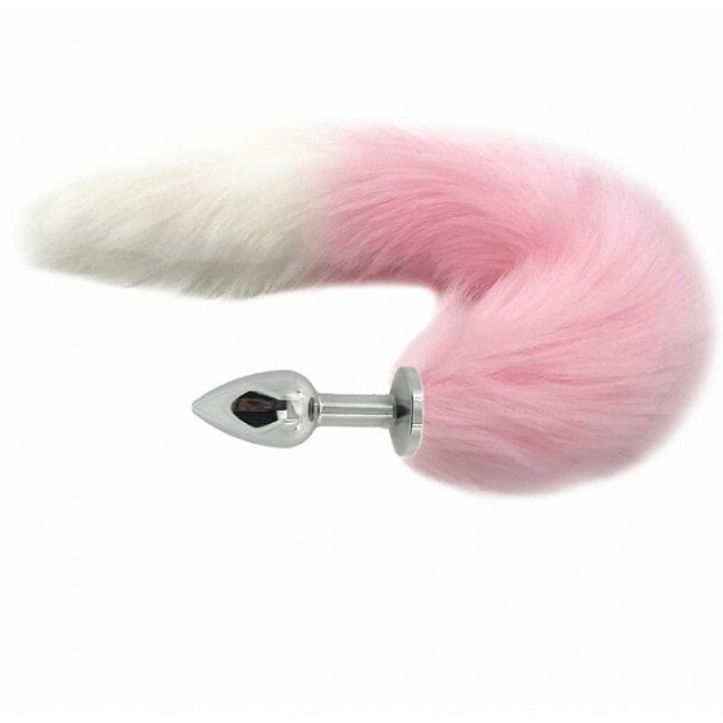 Plug Anal Rabo de Raposa - Rosa e Branco - Tamanho P / 35 cm de cauda