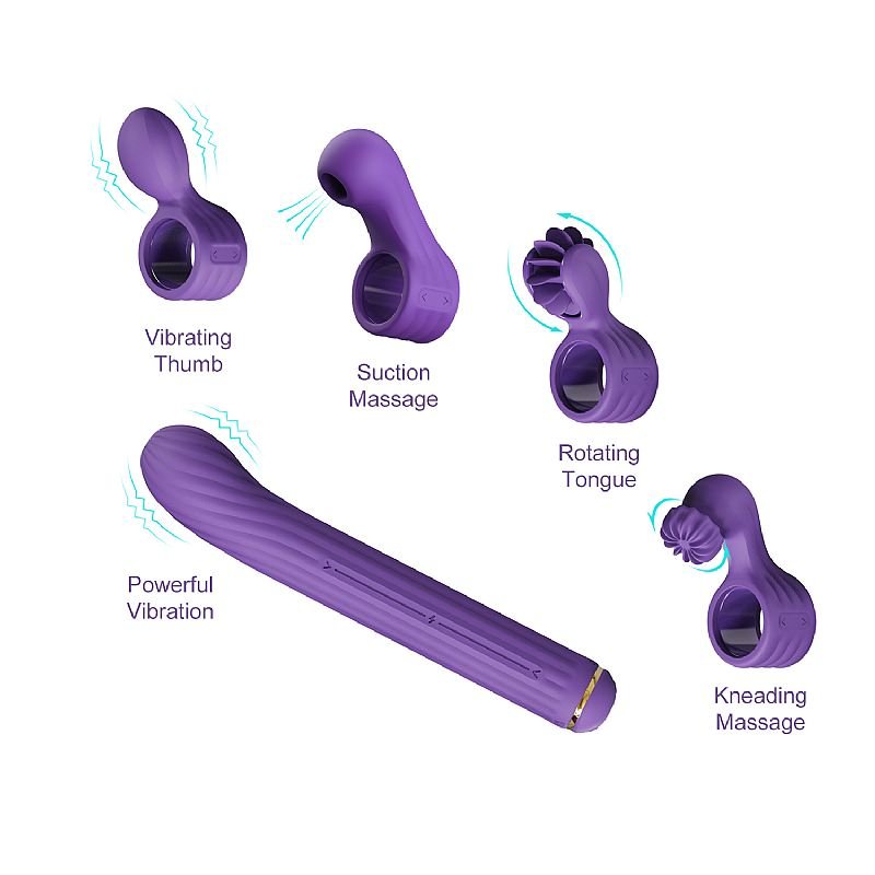 Vibrador de Ponto G com 4 Acessórios Para Clitóris - MAGIC STICK S1 PLUS - Roxo