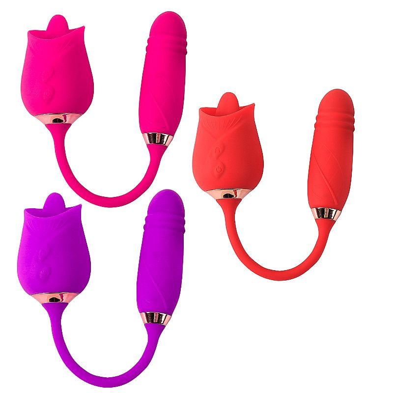 Vibrador de Ponto G e Clitóris com Língua / Vai e vem - Formato de Rosa - Flowery Plus - Pink
