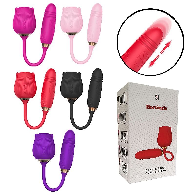 Vibrador de Ponto G e Clitóris com Vai e vem - Formato de Rosa - Hortênsia - Pink