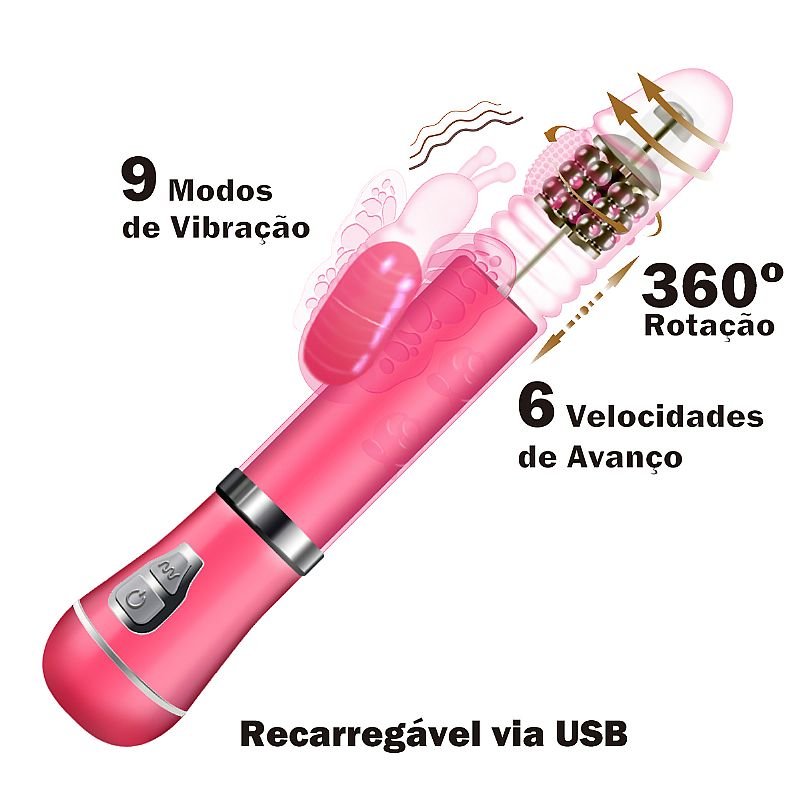 Vibrador Rotativo de Borboleta com Vai e vem - Recarregável - Roxo