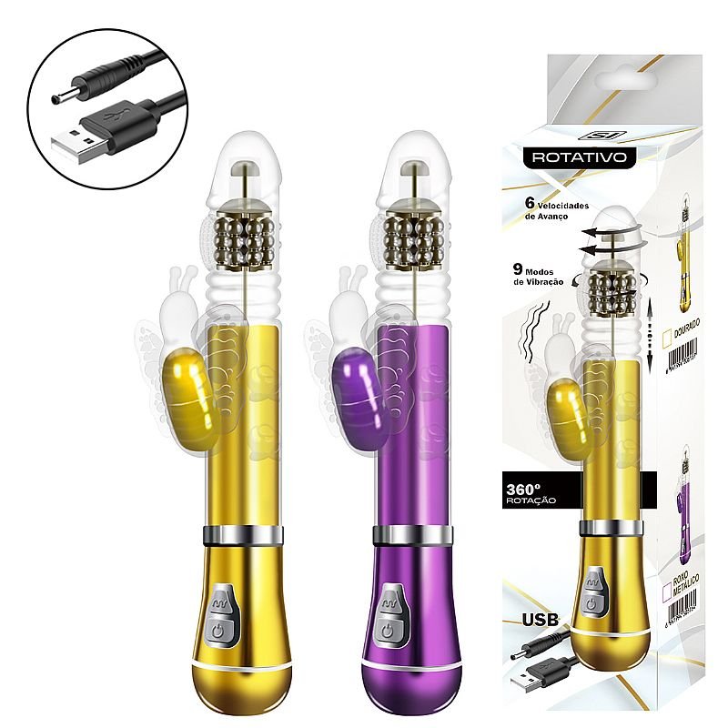 Vibrador Rotativo de Borboleta - Cromado - Recarregável - Roxo - Metálico