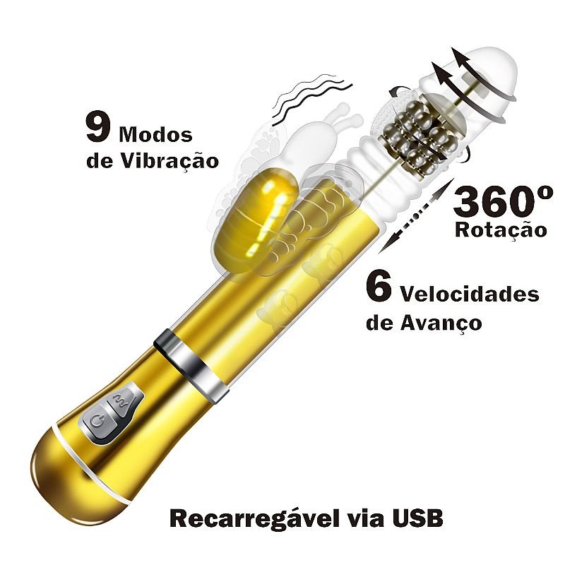Vibrador Rotativo de Borboleta - Cromado - Recarregável - Roxo - Metálico