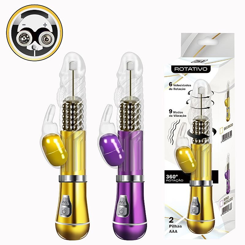 Vibrador Rotativo de Coelho - Cromado - À Pilha - Roxo - Metálico