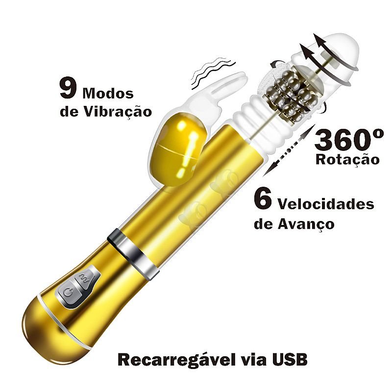 Vibrador Rotativo de Coelho - Cromado com Vai e vem - Recarregável